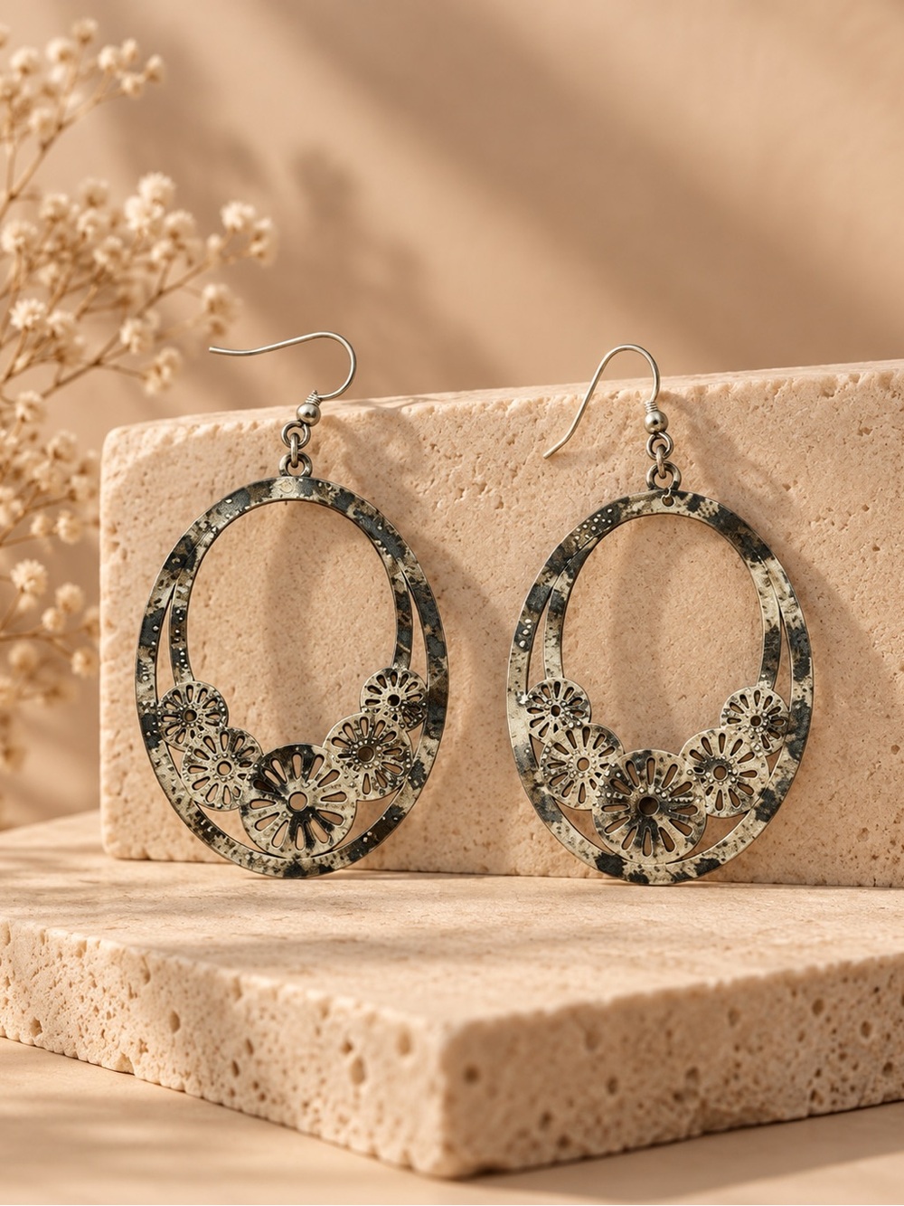 Floral Filigree Oval Drop Earrings - Olive Toned